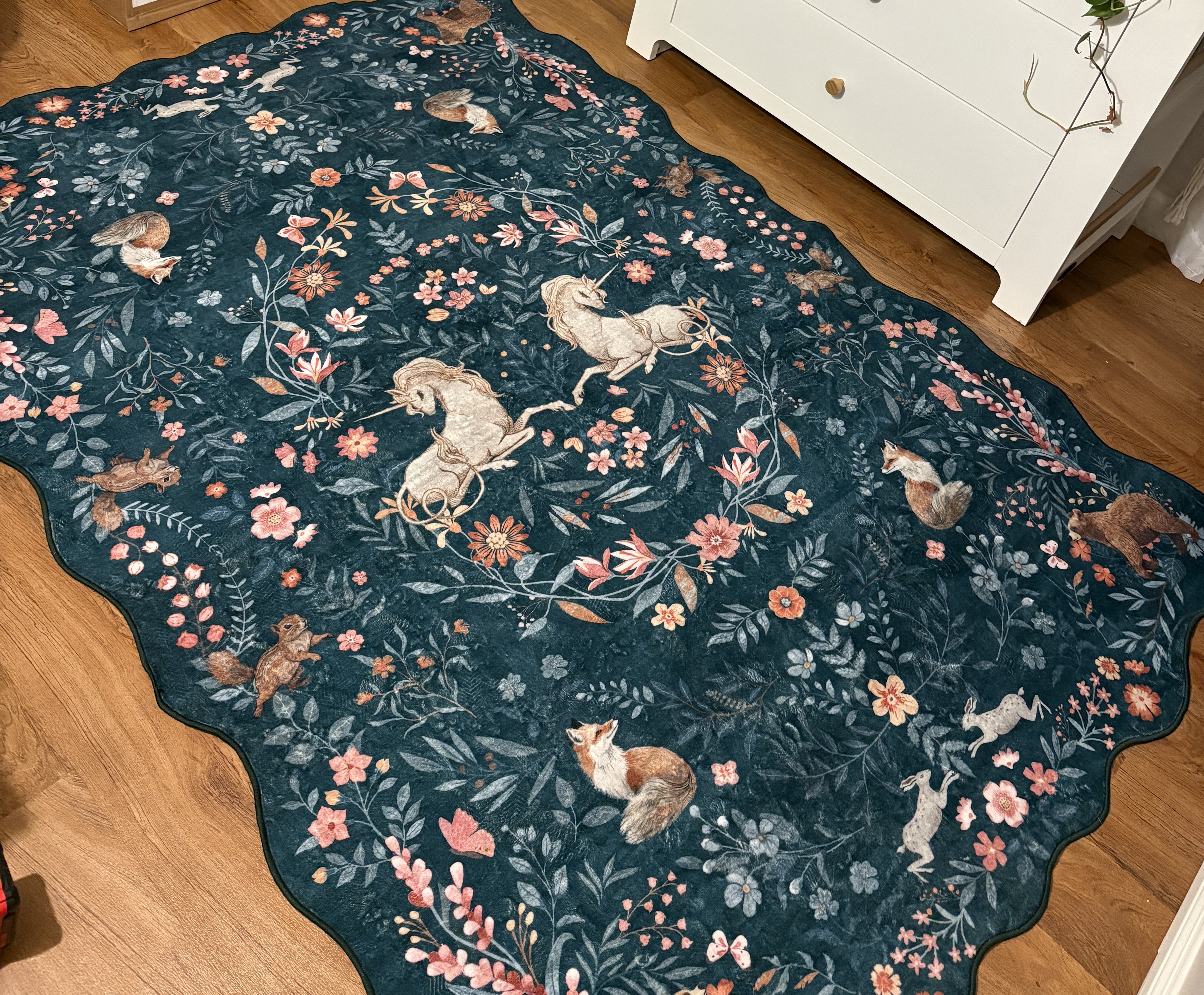 Washable Dark Green Unicorn Garden Rug | Elysia Maximalist Style