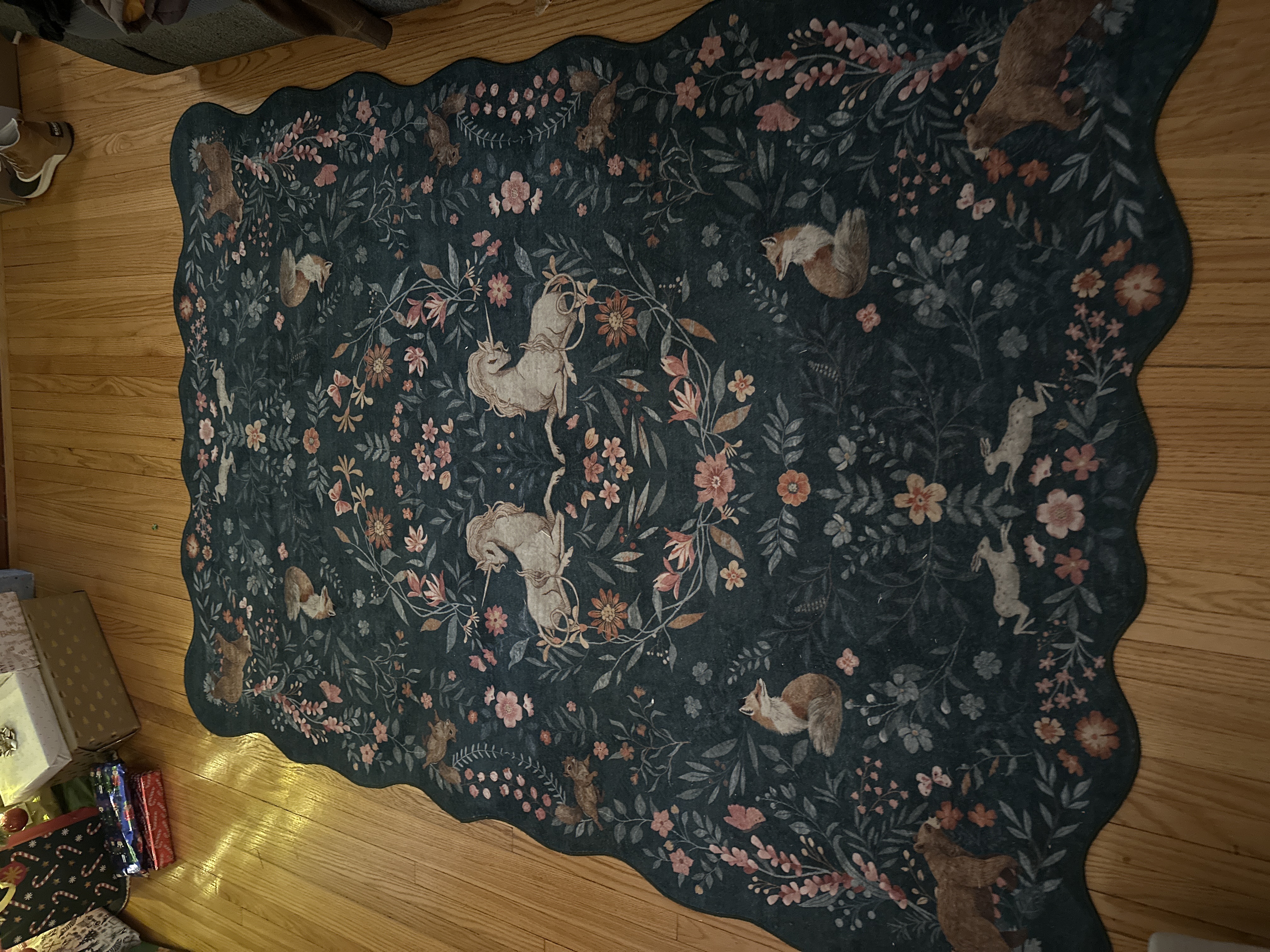 Washable Dark Green Unicorn Garden Rug | Elysia Maximalist Style